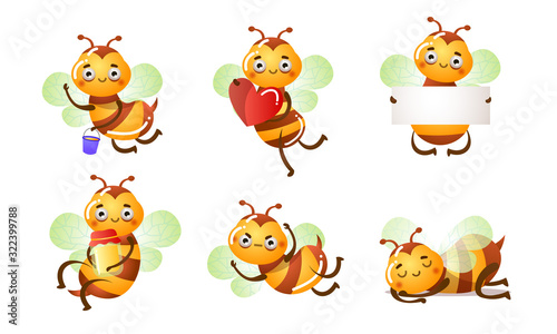 Set of smiling funny cute bees in different situations. Vector illustration in flat cartoon style.