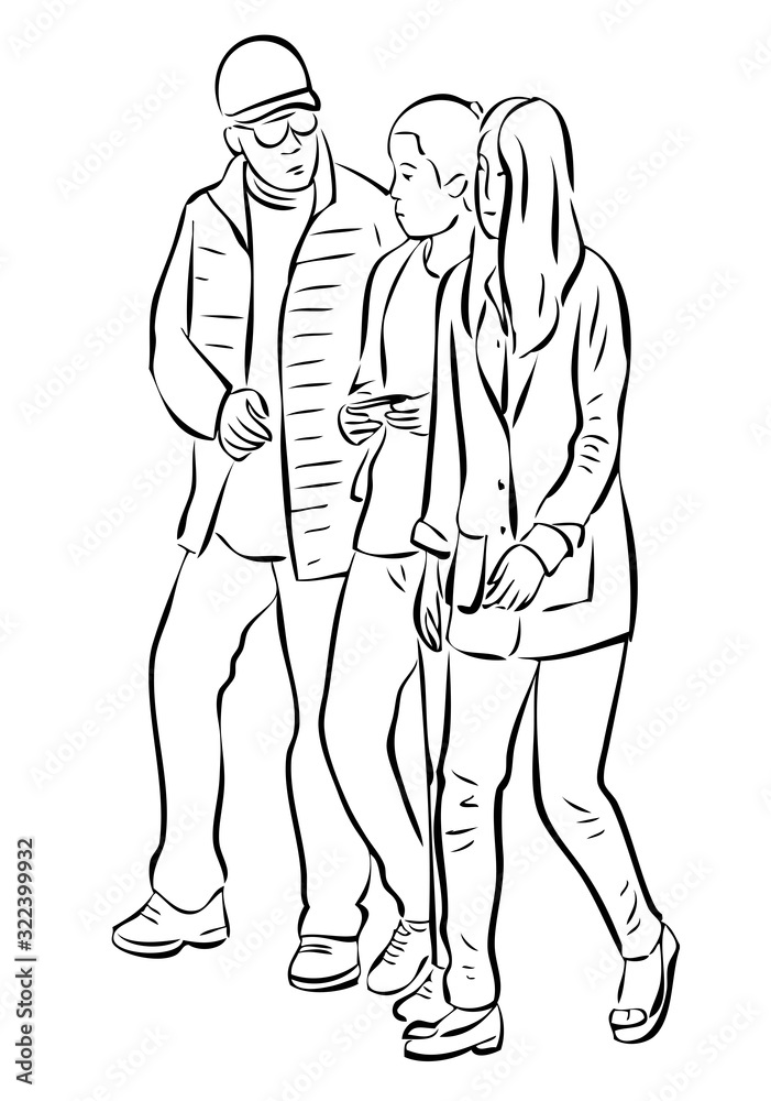Vector outline drawing of student friends going along street Vector outline drawing of student friends going along street