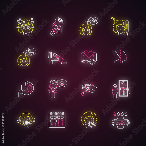 Early pregnancy symptom neon light icons set. Family planning. Woman feeling expectant of baby. Young mother. Healthcare. Signs with outer glowing effect. Vector isolated RGB color illustrations
