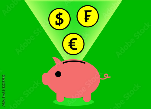 Pink piggy bank coin container with falling coins with symbols of dollar, euro and swiss franc. The concept of thrift or saving money with strong currencies, investment or open a bank deposit.