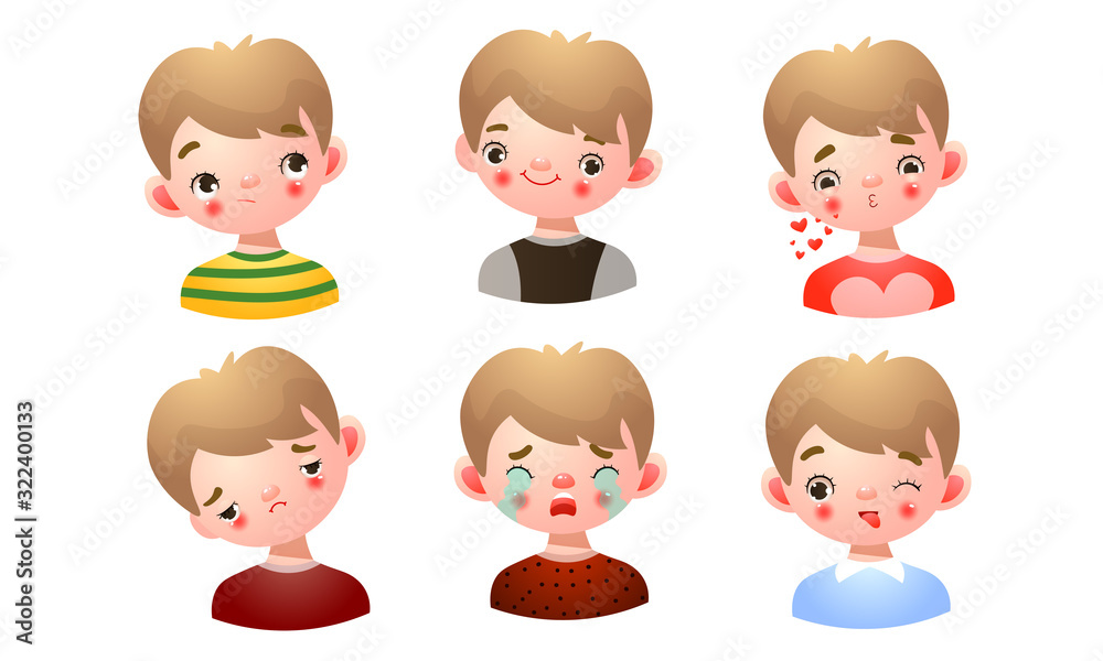 Set of the boy with different facial expressions. Vector illustration in flat cartoon style. Set of the boy with different facial expressions. Vector illustration in flat cartoon style.