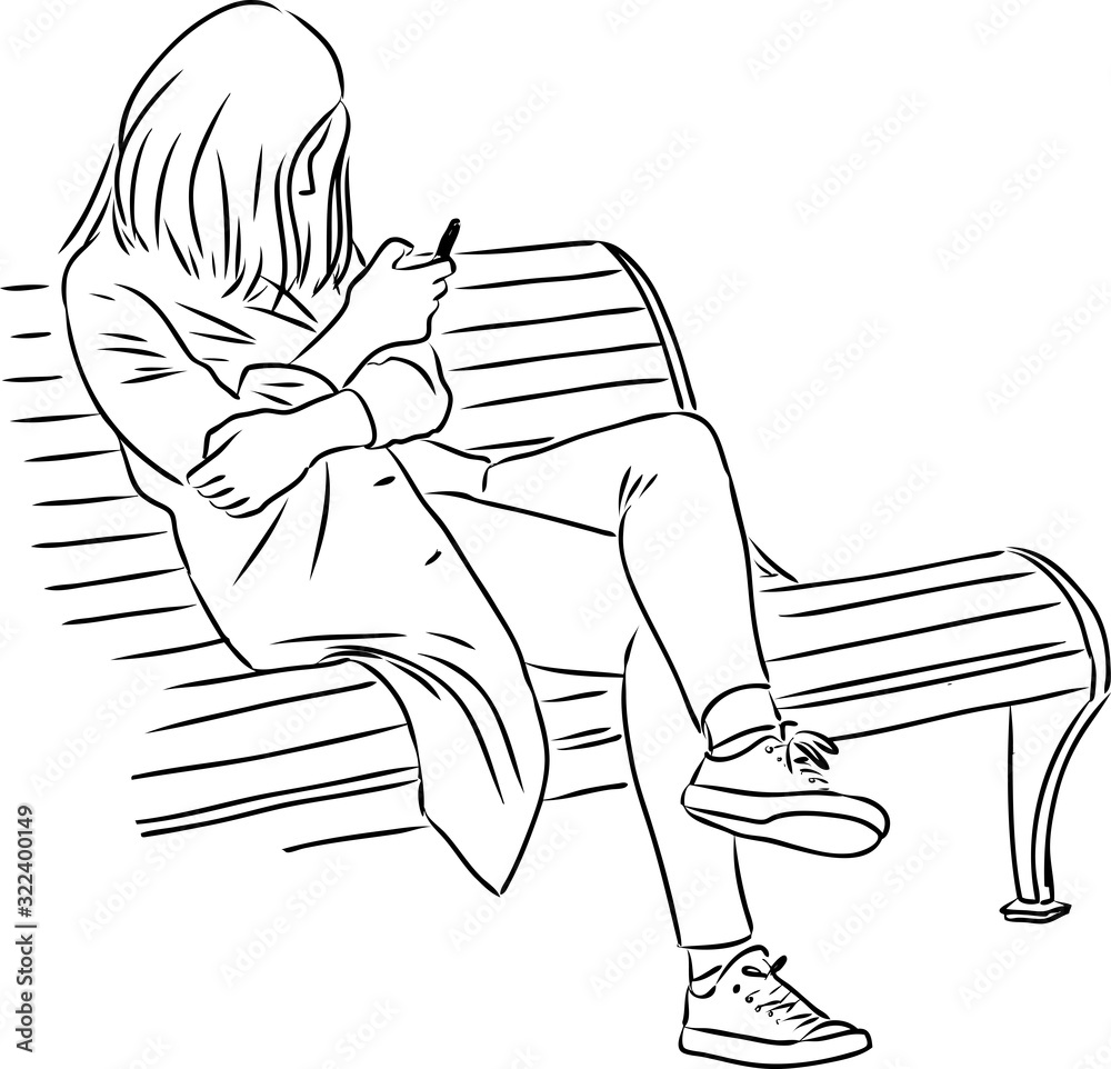 Vecteur Stock Vector outline drawing of young girl sitting on park bench with her mobile phone