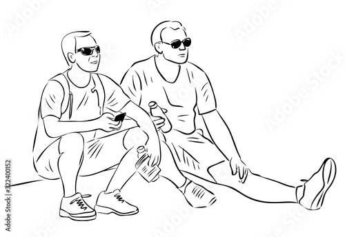 Vector outline drawing two friends tourists resting during a stroll