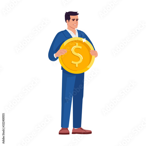 Workers personal savings semi flat RGB color vector illustration. Employee, bookkeeper with golden coin isolated cartoon character on white background. Accountants consulting services concept