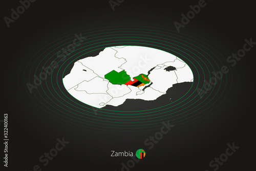 Zambia map in dark color, oval map with neighboring countries.