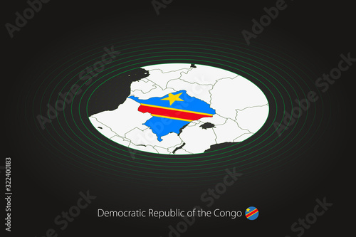 Congo-Kinshasa map in dark color, oval map with neighboring countries.