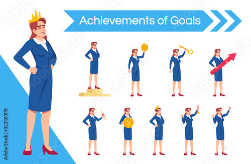 Businesslady leadership flat vector illustrations set. Female top manager enjoying praise and recognition isolated cartoon one character kit. Successful businesswoman triumphant achievements