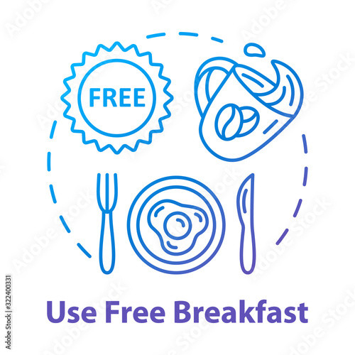 Use free breakfast concept icon. Budget travel, cost effective nutrition, money saving travel idea thin line illustration. Morning meal on the house. Vector isolated outline RGB color drawing