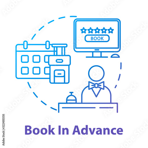 Book in advance concept icon. Ordering trip beforehand, budget tourism idea thin line illustration. Early accommodation, hotel reservation. Vector isolated outline RGB color drawing