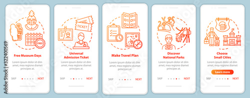 Free excursions onboarding mobile app page screen with concepts. Trip plan. Museum pass. Budget tourism walkthrough five steps graphic instructions. UI vector template with RGB color illustrations