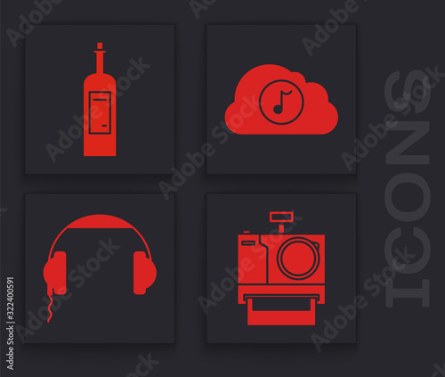 Set Photo camera , Bottle of wine , Music streaming service and Headphones icon. Vector