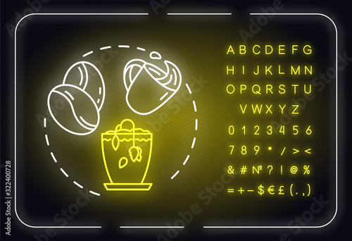 Dont tip tea neon light concept icon. Herbs cultivation. Indoor gardening. Dont overturn coffee to pot idea. Outer glowing sign, alphabet, numbers and symbols. Vector isolated RGB color illustration