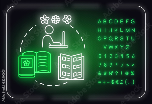 Learn plants classification neon light concept icon. Home gardening. Houseplants caring. Flowers sorts idea. Outer glowing sign with alphabet, numbers, symbols. Vector isolated RGB color illustration