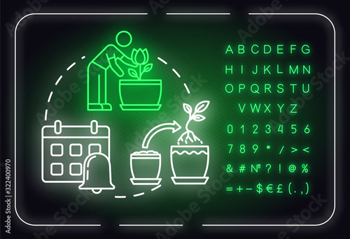 Timely repotting neon light concept icon. Houseplants concern. Regular replanting herbs idea. Outer glowing sign with alphabet, numbers and symbols. Vector isolated RGB color illustration