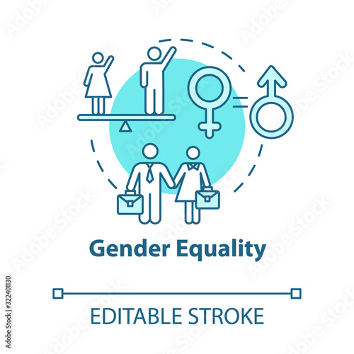 Gender equality turquoise concept icon. Sex discrimination. Womens empowerment. Human rights. Feminist movement idea thin line illustration. Vector isolated outline RGB color drawing. Editable stroke