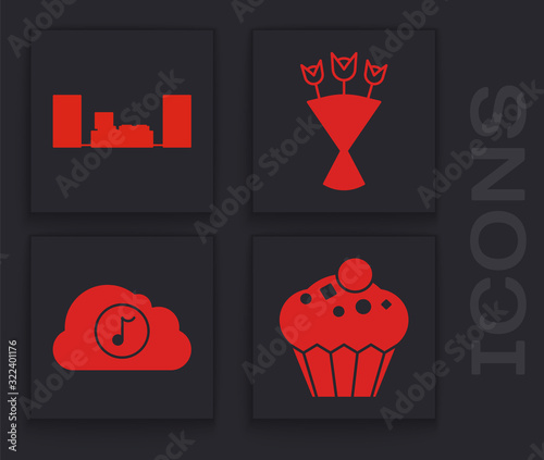 Set Muffin , Home stereo with two speakers , Bouquet of flowers and Music streaming service icon. Vector