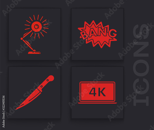 Set Laptop screen with 4k video technology , Table lamp , Bang boom text speech bubble balloon and Knife icon. Vector