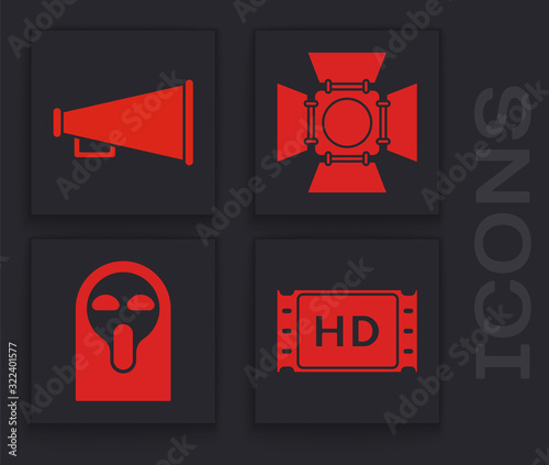 Set 4k movie, tape, frame , Megaphone , Movie spotlight and Funny and scary ghost mask icon. Vector