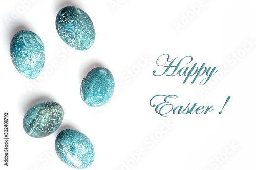happy easter greeting card, easter eggs in blue, color 2020