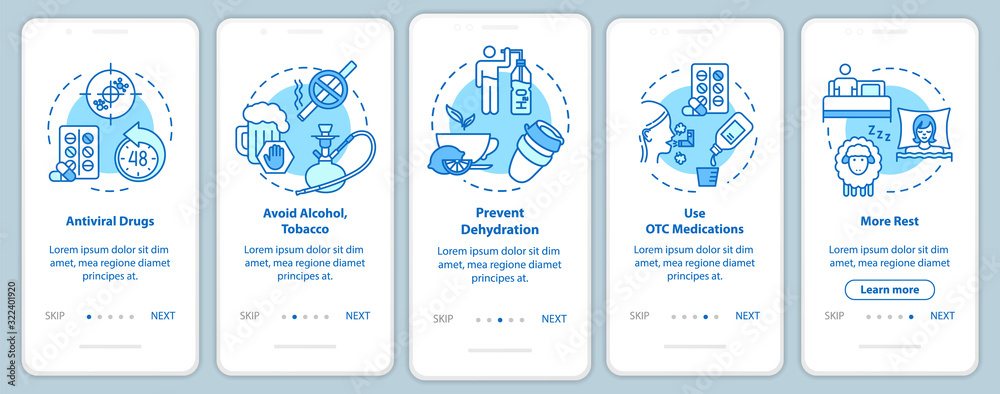 Healthy body onboarding mobile app page screen with concepts. Pharmacy. Protection from influenza walkthrough 5 steps graphic instructions. UI vector template with RGB color illustrations