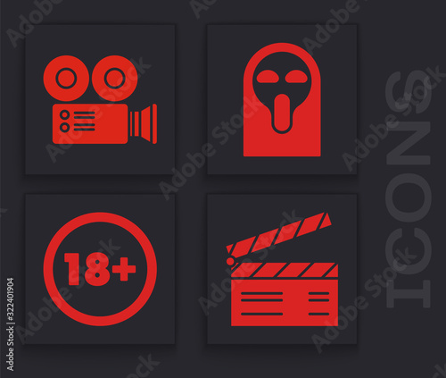 Set Movie clapper , Cinema camera , Funny and scary ghost mask and Under 18 years icon. Vector