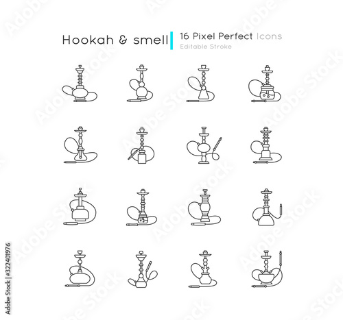 Hookah pixel perfect linear icons set. Sheesha bar. Hooka accessories. Tobacco option. Arabic lounge. Customizable thin line contour symbols. Isolated vector outline illustrations. Editable stroke