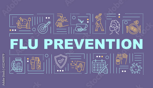 Flu prevention word concepts banner. Health protection. Vaccination shot. Infographics with linear icons on purple background. Isolated typography. Vector outline RGB color illustration