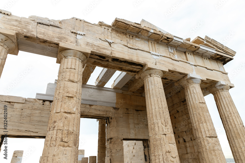 Ancient Greek ruins, columns, building. Acropolis, Athens, Greece. Athens view