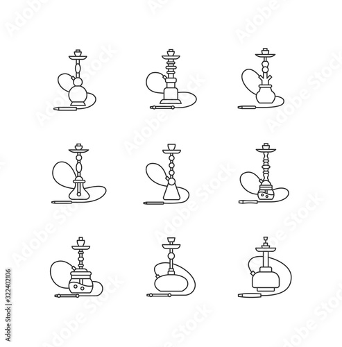 Hookah pixel perfect linear icons set. Shisha with wire. Sheesha house. Nargile lounge. Smoking area. Customizable thin line contour symbols. Isolated vector outline illustrations. Editable stroke