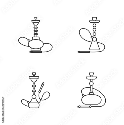 Hookah pixel perfect linear icons set. Amusement with friends. Sheesha house. Nargile lounge. Customizable thin line contour symbols. Isolated vector outline illustrations. Editable stroke