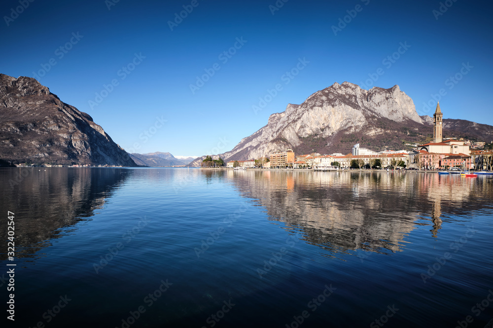 Panorama of Lecco reflected on the lake