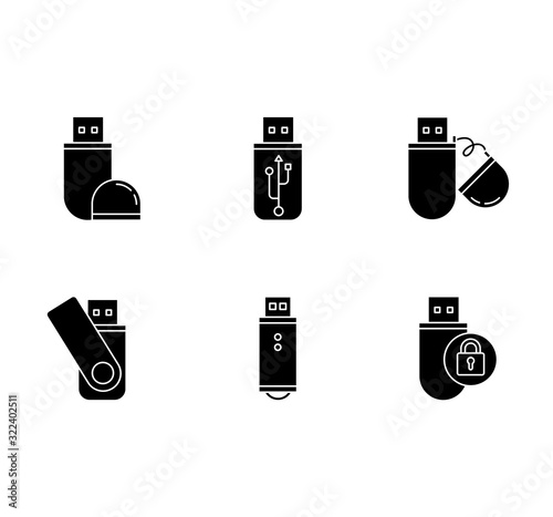 USB flash drive black glyph icons set on white space. Compact data storage device. Memory stick. Thumb drive, key. Transferring information. Silhouette symbols. Vector isolated illustration
