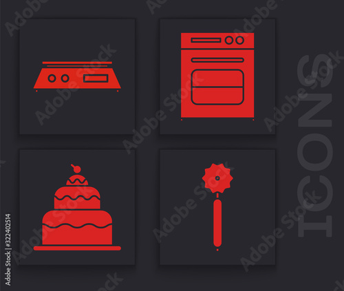 Set Pizza knife , Electronic scales , Oven and Cake icon. Vector