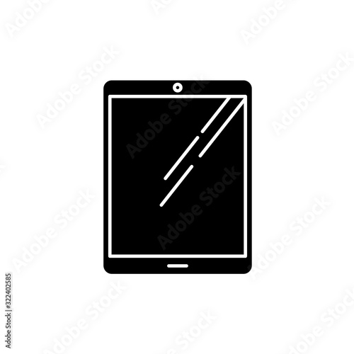 Tablet computer black glyph icon. Touch screen PC. Electronic gadget with touchpad. E-reader. Digital reading. Handheld mobile device. Silhouette symbol on white space. Vector isolated illustration