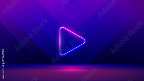 Play button on abstract purple and blue background. Multimedia, audio, video, cinema, music abstract background with neon glowing triangle Play Icon. Vector image.