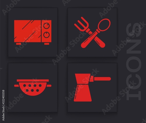 Set Coffee turk , Microwave oven , Crossed fork and spoon and Kitchen colander icon. Vector