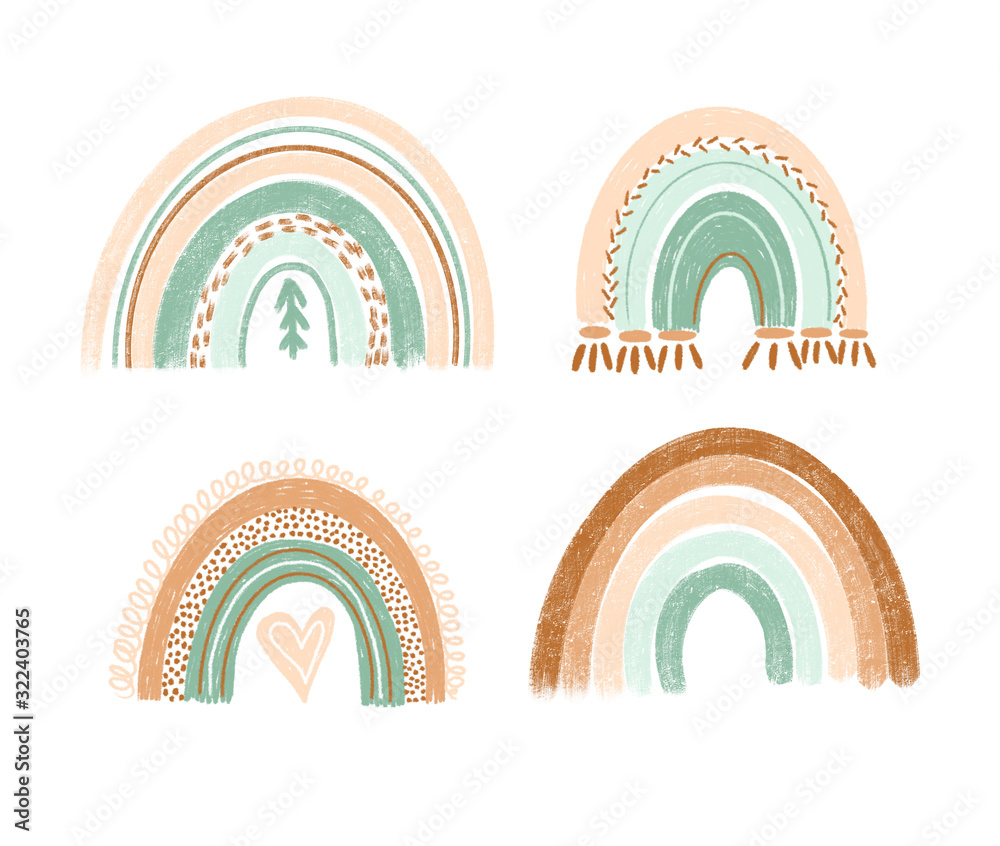 Collection of hand drawn boho rainbows in pastel mint and brown colors, isolated elements on white background; nursery art design, for printing on baby clothes and textiles, home decor art - obrazy, fototapety, plakaty 