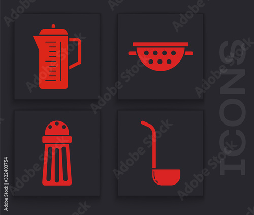 Set Kitchen ladle , Teapot , Kitchen colander and Salt icon. Vector