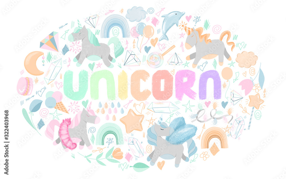 Pre-made composition of hand drawn unicorns and magic elements in pastel colors on white background Pre-made composition of hand drawn unicorns and magic elements in pastel colors on white background