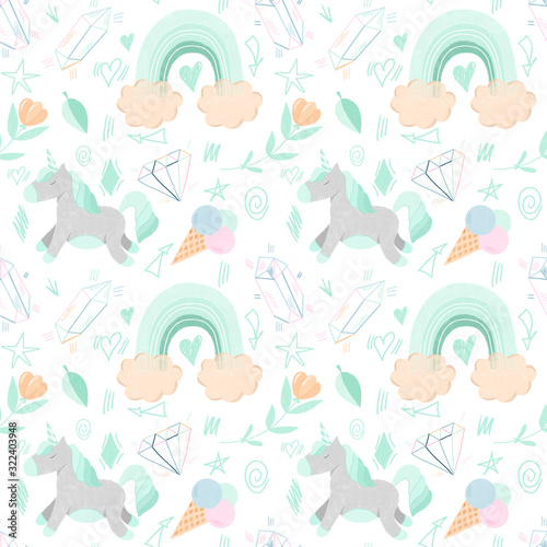 Seamless pattern with hand drawn unicorns, crystals and rainbows in mint pastel colors on white background