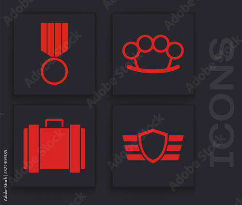 Set Military reward medal , Military reward medal , Brass knuckles and Military ammunition box icon. Vector