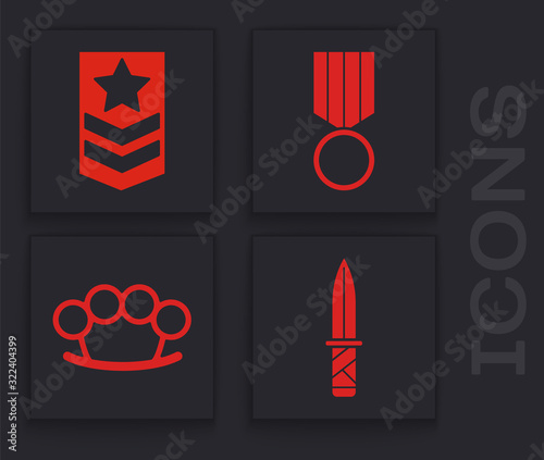 Set Military knife , Chevron , Military reward medal and Brass knuckles icon. Vector
