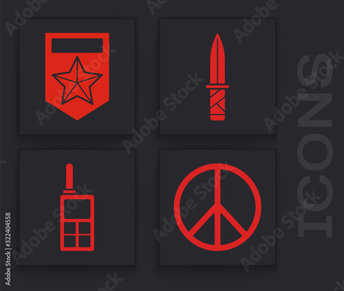 Set Peace , Chevron , Military knife and Walkie talkie icon. Vector