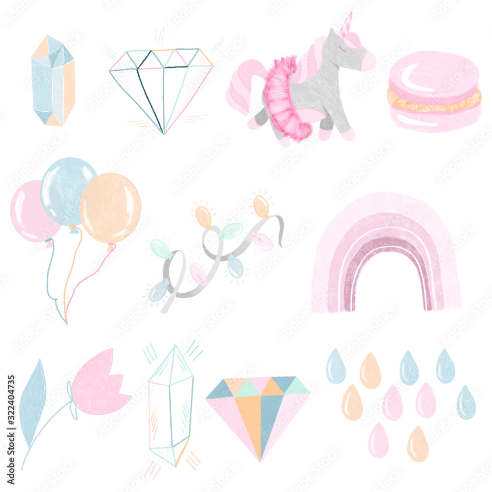 Hand drawn unicorn and magic elements collection in purple pastel colors, isolated objects on white background