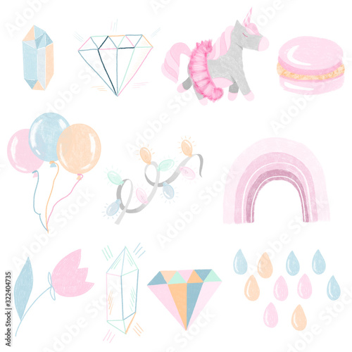Wallpaper Mural Hand drawn unicorn and magic elements collection in purple pastel colors, isolated objects on white background Torontodigital.ca
