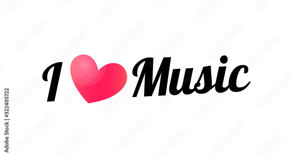I love Music, Vector lettering Slogan with pink Heart isolated on white background.