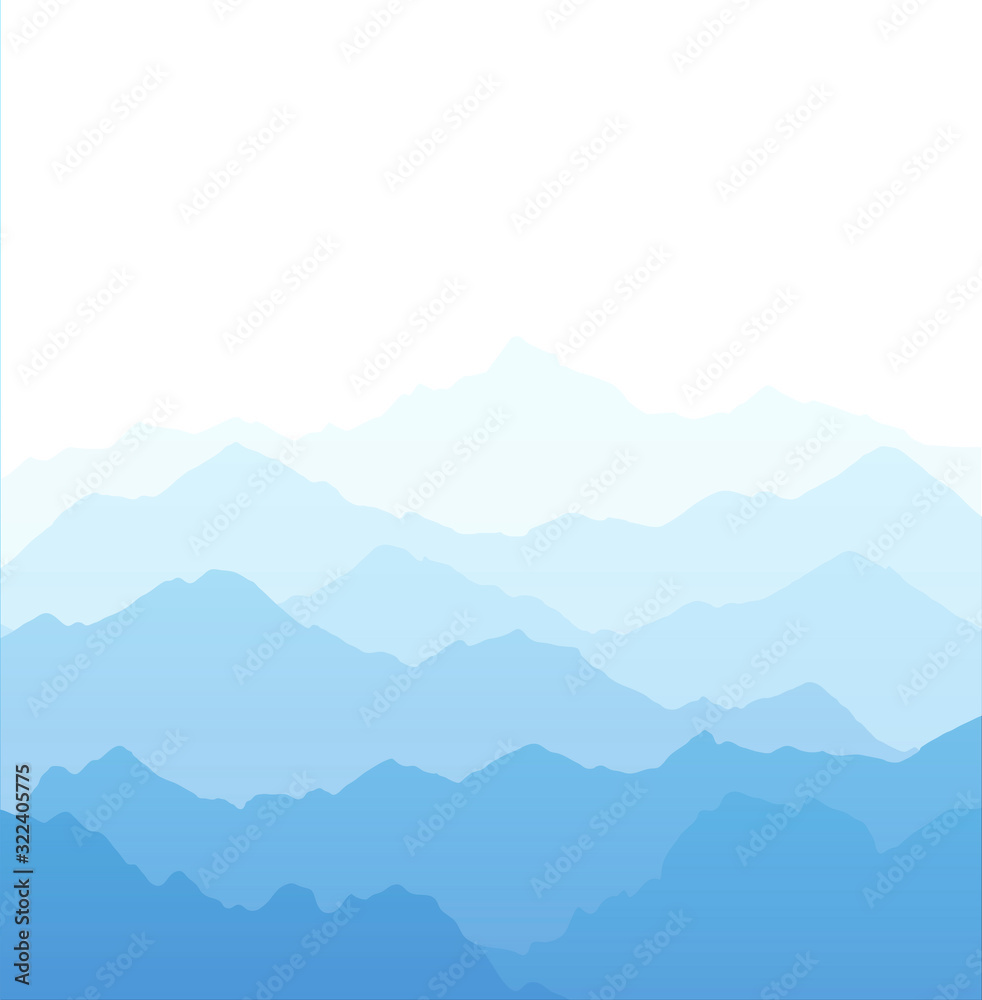 Vector illustration of beautiful light blue mountain landscape with fog - Sunrise dawn and sunset in mountains - obrazy, fototapety, plakaty 