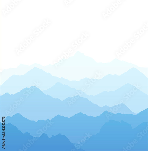 Vector illustration of beautiful light blue mountain landscape with fog - Sunrise dawn and sunset in mountains