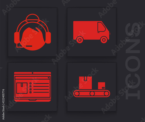 Set Conveyor belt with cardboard box , Support operator in touch, Delivery cargo truck vehicle and Laptop with app delivery tracking icon. Vector