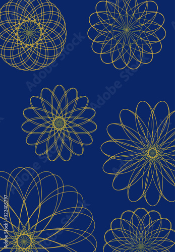 Seamless vector vintage pattern with bouquet of golden flowers on a blue background. Peonies, roses, sweet peas, bell. Monochrome. Illustration